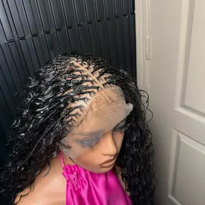 Extra small knotless boho braids  Mid back  length Full lace Fiber lace and fiber curls boho braids for black women Braided Wigs Braided Hair Wigs Braided Hair Wigs
