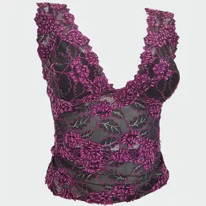 Lace Top with Sequins in Black and Purple Color, Waist Length Camisole Blouse, Slim-Fitting, Comfortable Everyday Polyester, Casual Style
