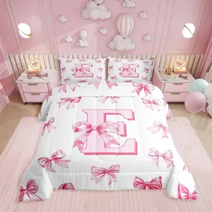 Dreamy Princess Bowknot Girls Bedding Set,Kids Pink Initial Letter E Bedding Comforter Set,Cute Kawaii Letter Bow Comforter Set