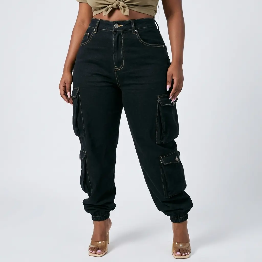 Plus-Size Cropped Cargo Jeans for Women, Tapered Jogger in Stretch Cotton Fabric with a Vintage Black Wash and Flap Pockets, Cropped Jeans, Casual Wear, Plus Size Basics, Stretch Denim, Elastane, Zip Fly, Modest, Bottom, Pants