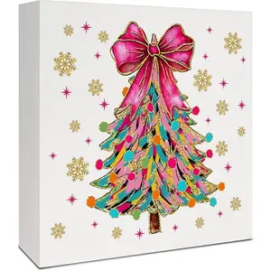 Bow Christmas Tree Wooden Box Sign, Preppy Christmas Decor, Preppy Glitter Xmas Tree Wood Signs for Bedroom Dorm Home Office Desk Table Shelf Decorations, 5x5 Inch