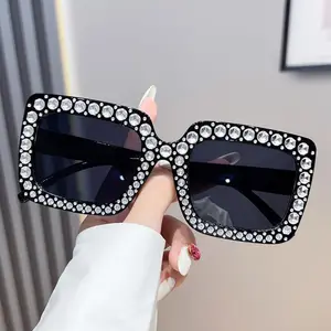Women's Oversized Semi-Rimless UV Protection Fashion Statement Sunglasses - Large Polyamide PA Frame with Diamond Studs, Female Bold Outdoor Adventure Accessories