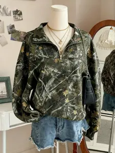Women's Street Vintage Camouflage Full Print Zipper Loose Long Sleeve Hoodie Sweatshirt Tops, Hooded Top, Casual Fall & Winter Clothing, School Reunion, Teacher, Daily Wear, Womenswear