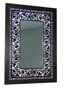 Hand Painted Tile Inlaid Mirror 14x19 Elegant Wood Design Classic Blue White Colors Unique Home Decor Handcrafted in Hebron Wooden