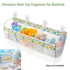 Dinosaur Bath Toy Organizer for Bathtub – Large 3 Compartment Mesh Bath Toy Storage with Quick Drying Net, Extra Large Capacity Kids Tub Toy Holder with 4 Strong Adhesive Hooks for Bathroom Wall