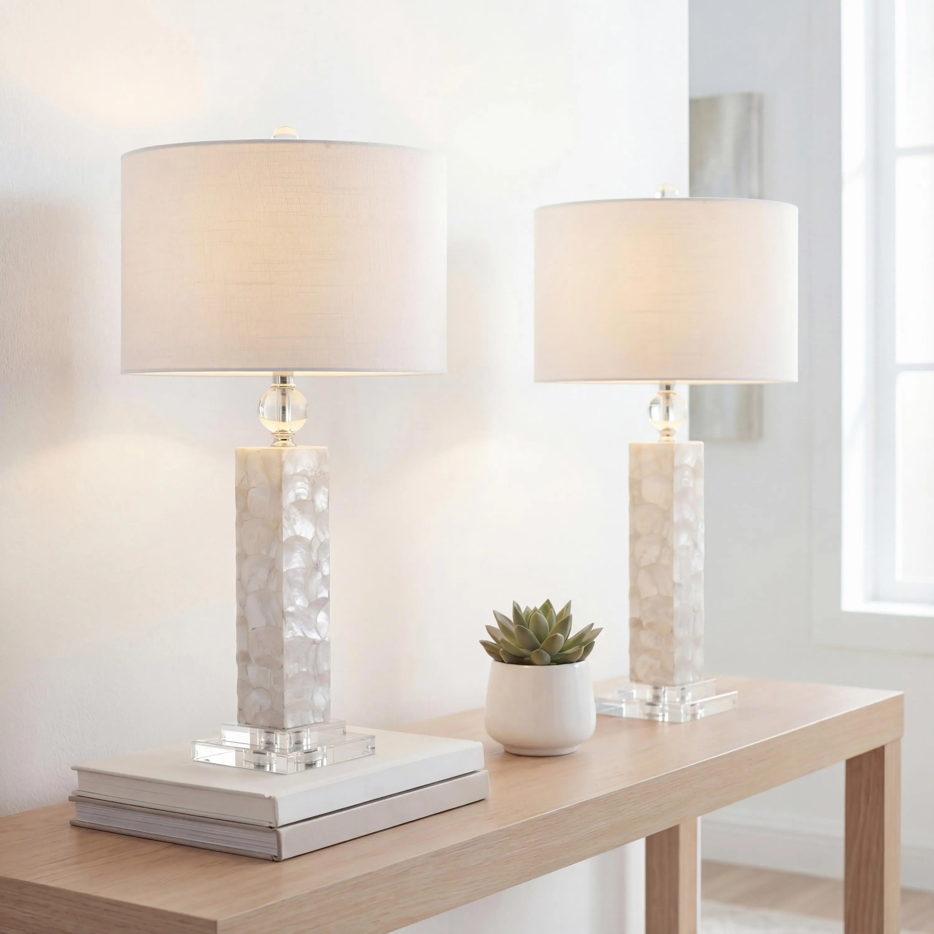 JONATHAN Y Bailey 32" Mother of Pearl Crystal Table Lamp, White, Set of 2 | Coastal Mosaic Seashell Column, Linen Drum Shade, LED Bulbs Included, UL Listed, Resin And Metal Construction, Rotary Switch