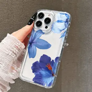 Blue Mallow Flower Illustration Transparent Full Coverage Tpu Phone Case, Anti-Drop, Compatible with iPhone 11/12/13/14/15/16/17 Pro Max
