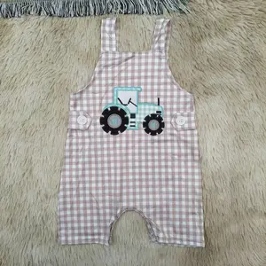 Checkered straps tractor embroidery farm baby boy romper