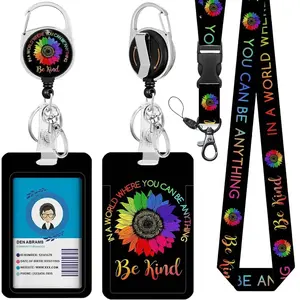 Be Kind Floral Teacher Lanyard with Retractable Badge Reel & Keychain Clip - Stylish ID Card Holder for Women, Office, Work, Nurse, School - Inspirational Gift