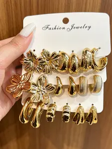 9-Piece Women's Fashion Hoop Earrings Set, Trendy Jewelry, Vintage Elegant Chunky Flower Teardrop Shape, Perfect for Daily Wear, Gifts, Parties, Holidays