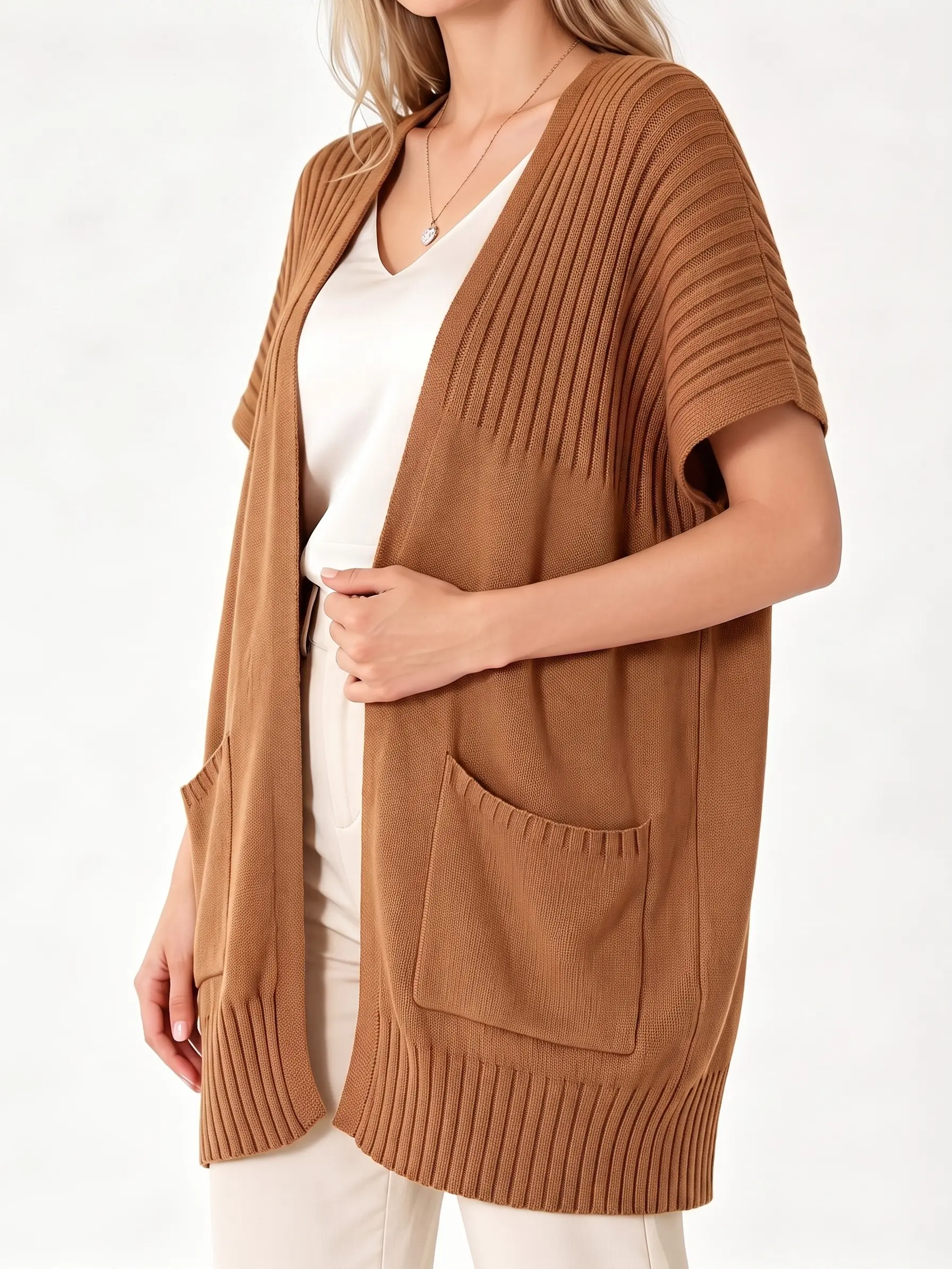 Shewin  Summer Outfit Women's Oversized Cotton Blend Cardigan - Short Sleeve Open Front Pleated Knitwear for Everyday Wear & Layering Shortsleeve Basic,back to school,back to school shopping