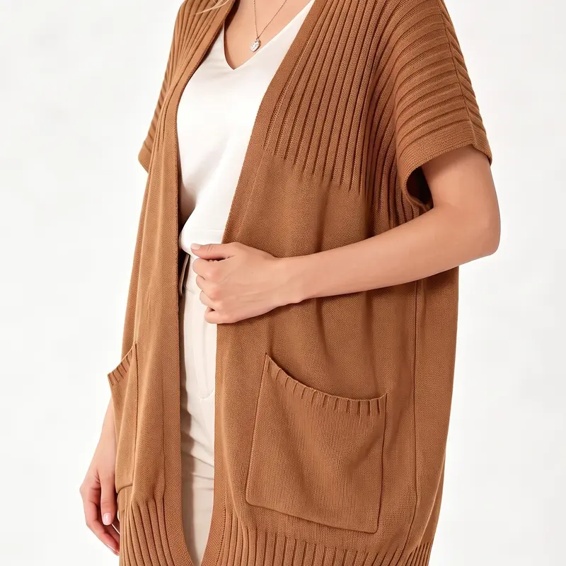 Shewin Women's Basic Elegant Oversized Cotton Blend Short Sleeve Open Front Pleated Knit Cardigan - Fit, Baggy Cozy Tops for Women for Casual Everyday Look & Layering