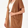 Shewin Women's Basic Elegant Oversized Cotton Blend Short Sleeve Open Front Pleated Knit Cardigan - Fit, Baggy Cozy Tops for Women for Casual Everyday Look & Layering