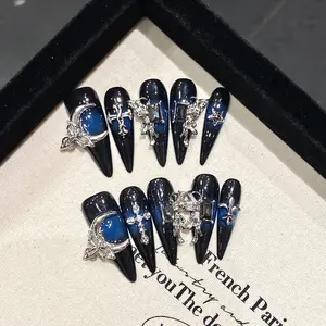 Gothic Blue Ombre Press On Nails - Long Stiletto Cross & Moon