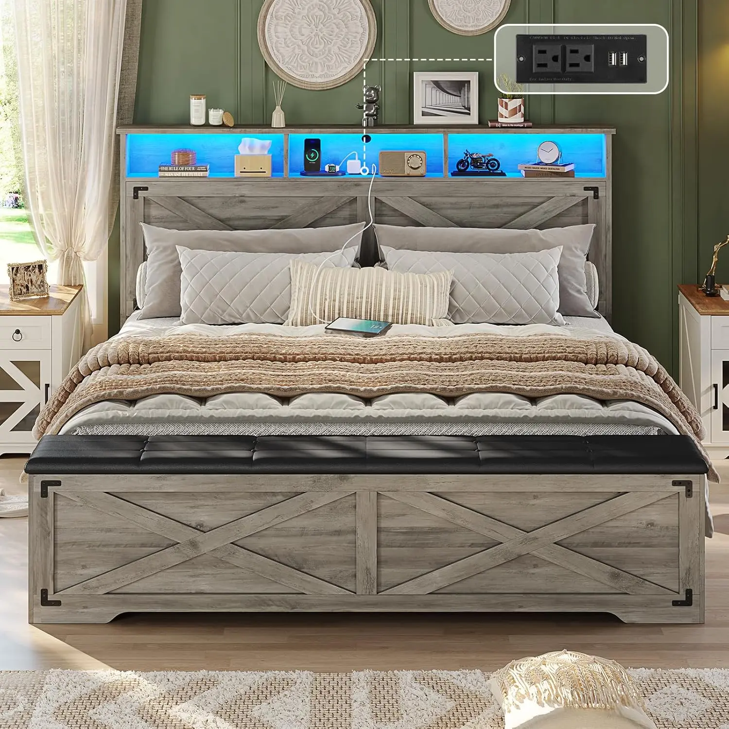Hasuit Farmhouse Wood-Tone Queen Sized Bed Frame - LED-Accented Bed Frame with Storage Ottoman, Charging Station, Headboard Storage Rack, Noise-Free Metal Slats