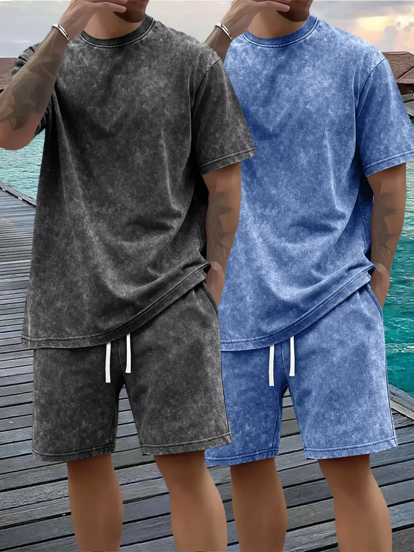 Men's 2-Piece Menswear Snowflake Dyed & Washed Casual Sports Set - Loose Short-Sleeve Graphic Print Skeleton Skull T-Shirt, Elastic Waistband Drawstring Shorts for Summer Street, Outdoor Hiking