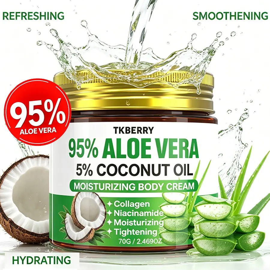 70g Aloe vera coconut oil cram, 95% Aloe Vera, Moisturizer Cream with Hyaluronic Acid, Collagen for All Skin Types, Hydration, Moisturizing Cream, Deep Moisture for Dry Skin, Day & Night Use, Long-Lasting Moisture for All Skin Types, 48H Hydration