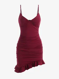 Women's Asymmetrical Ruffle Hem Ruched Cami Bodycon Dress, Summer Dresses, Casual Formal Womenswear, Sleeveless Adjustable Strap Spaghetti Strap Mini Sundress for Party Holiday, Ladies Clothes, Slim Fit Polyester Womenswear, Date Night Dresses