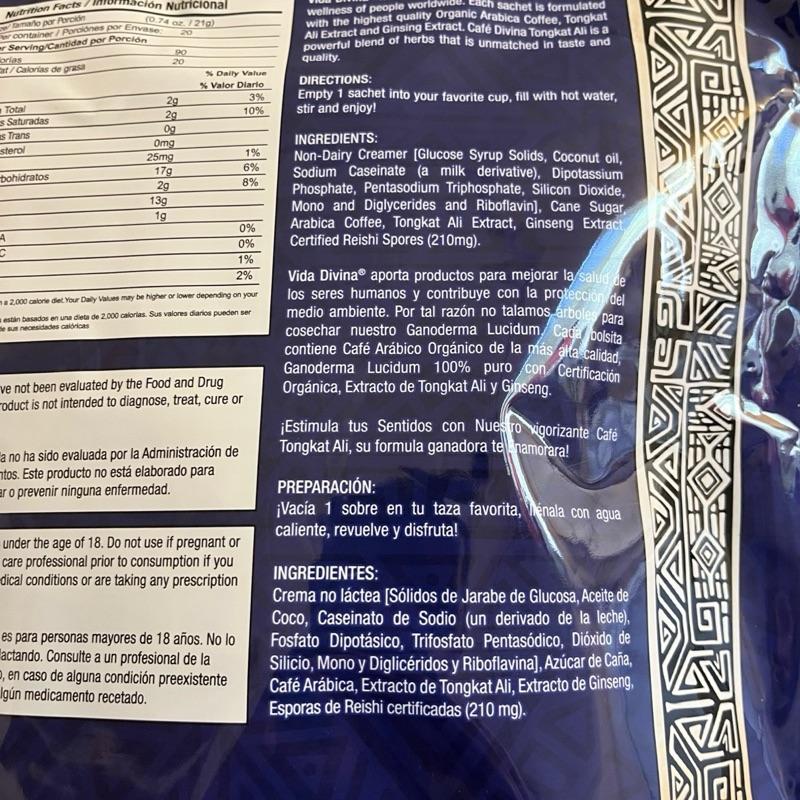 Cafe Divina Tongkat Ali Performance Enhancing Coffee Infused With 100% Organic Reishi 20 Sachets 210mg Reishi Per Serving 14.8 oz 20 Servings Natural Energy Boost for Adults - Beverage Beans Taffy Creamer - Healthy