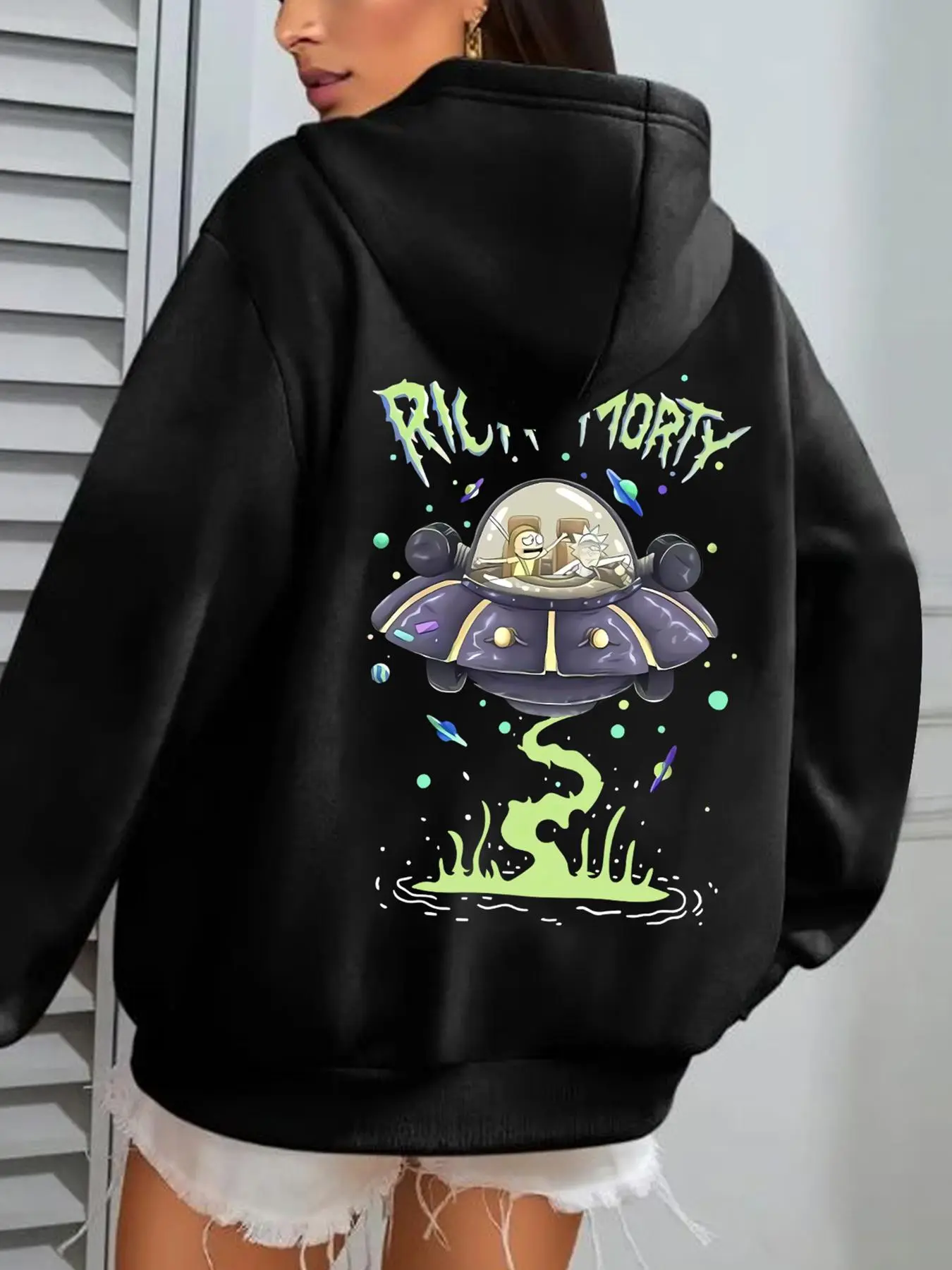 【Plus Size】 Cartoon Alien & Letter Print Drop Shoulder Hoodie, Fashion Casual Drawstring Pocket Hooded Sweatshirt for Daily Holiday Outdoor Wear, Women Clothing for Fall & Winter