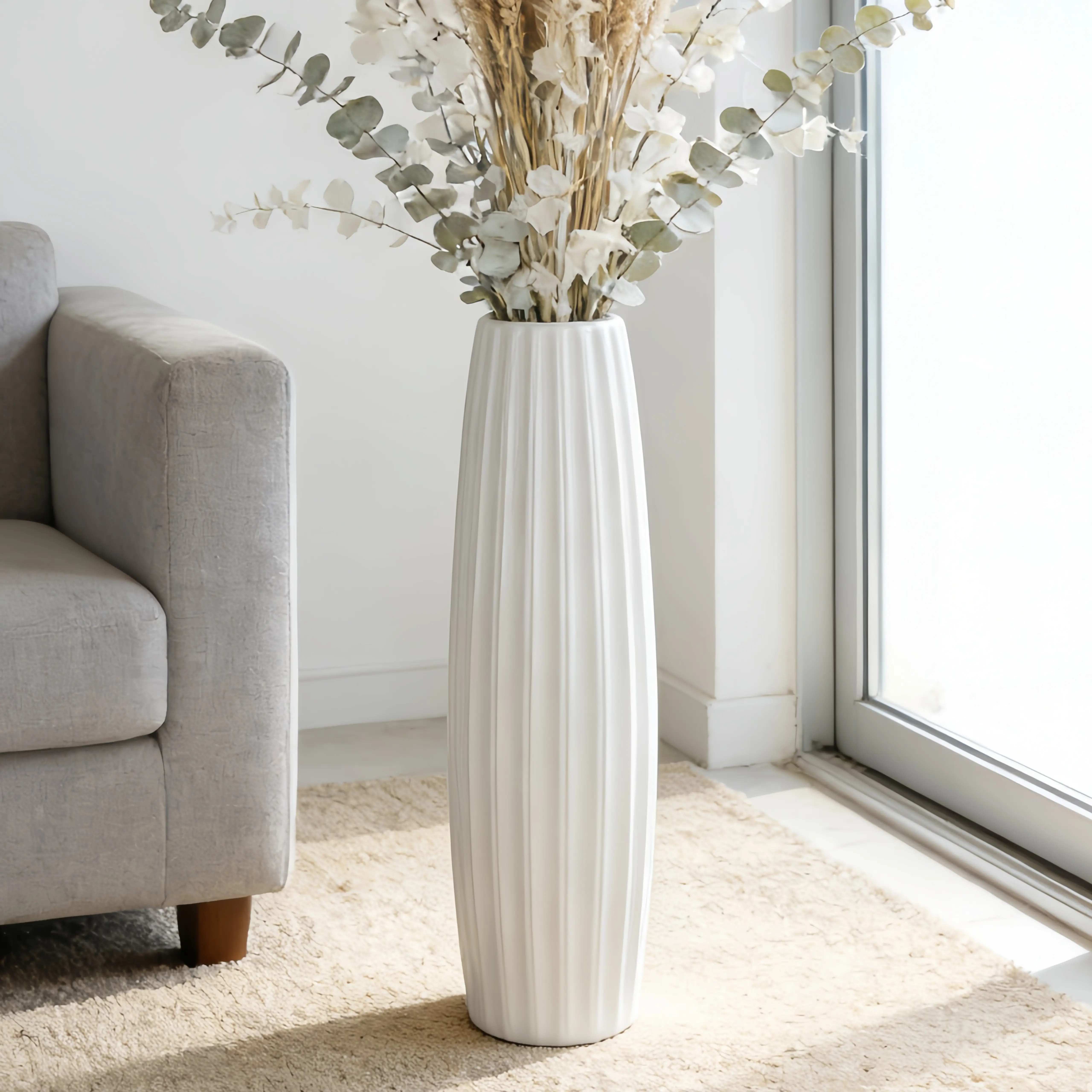 28-Inch Plain White Ceramic Floor Vase, Glossy Glazed Decorative Vases, Modern Minimalist Home Decor for Living Room - Mother's Day All-Seasons Neutral Accent for Dried Branches Natural Stems