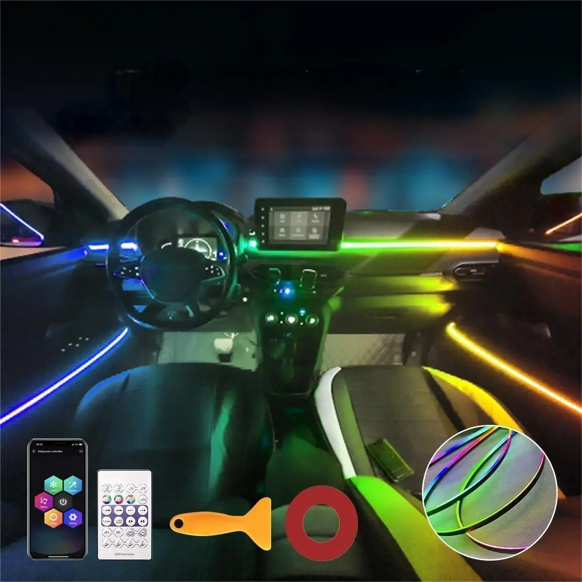 Multifunctional Ambient Lights, APP/USB Control LED RGB Car Interior Lights with Acrylic Strips for Dashboard, Sunroof Decoration