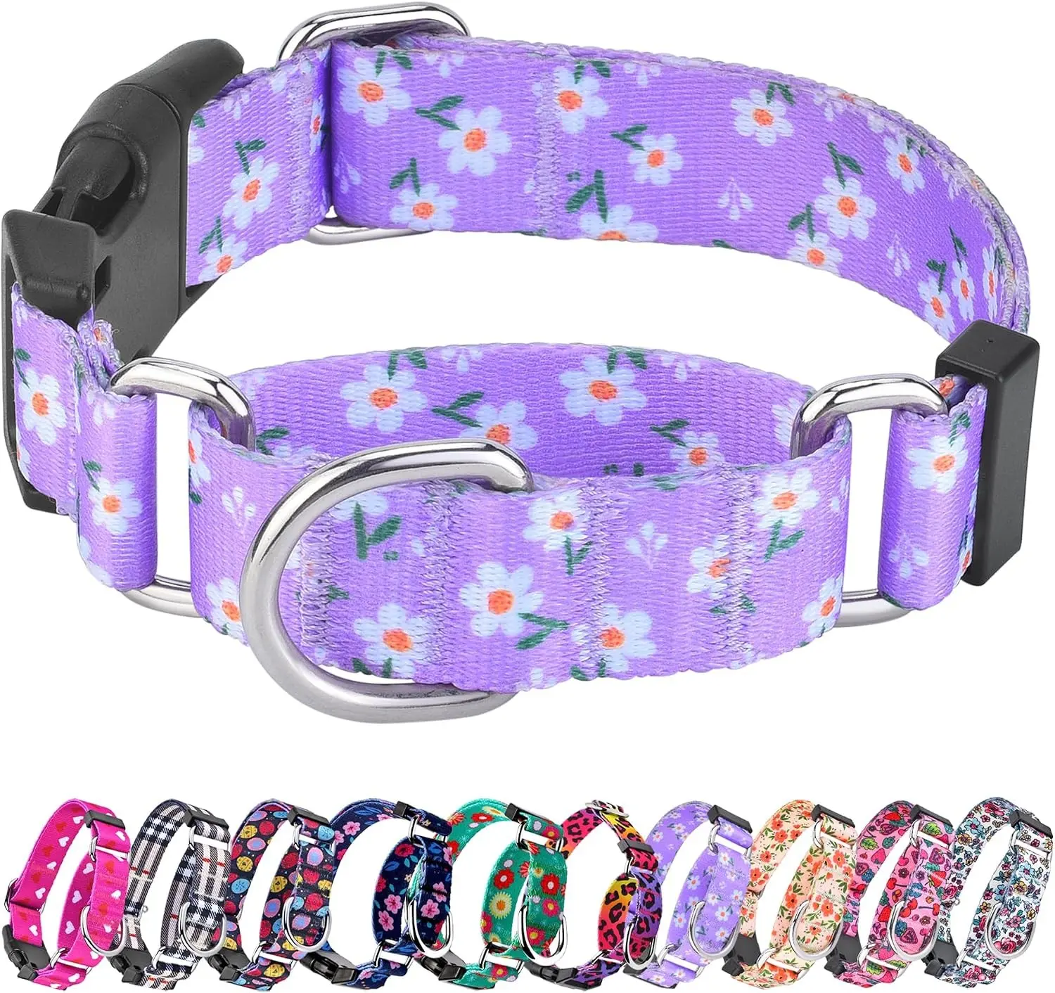 Martingale Dog Collar with Buckle,Adjustable Soft Nylon with Pattern,M
