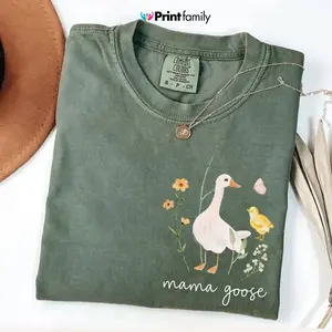 Comfort Colors Mama Goose TShirt, Goose Birthday T-Shirt for Mom, Pregnancy Reveal, Floral Goose Mom Tee, Vintage Mother's Day Gift - Printfamily