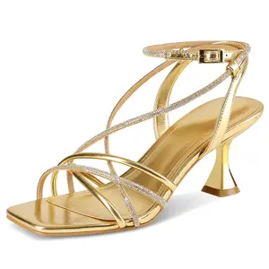 Womens Strappy Kitten Heel Sandals Open Toe Ankle Strap Square Dress Shoes Comfortable for Prom Bridal Wedding Party