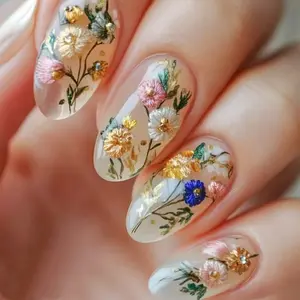 24 pcs of almond shaped press on nails gift box Spring flower fairy new Chinese three-dimensional embroidery gold branches jade leaves rich and rich peony national style ancient charm Gift, portable fake nails with jelly glue 1 piece file strip 1