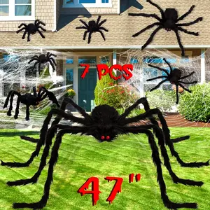 7PCS Halloween Decorations Outdoor Fake Giant Spiders - Scary Props for Yard Haunted House Indoor Party Decor Supplies (47”×1pcs, 30”×1pcs, 20”×2pcs, 12”×3pcs)