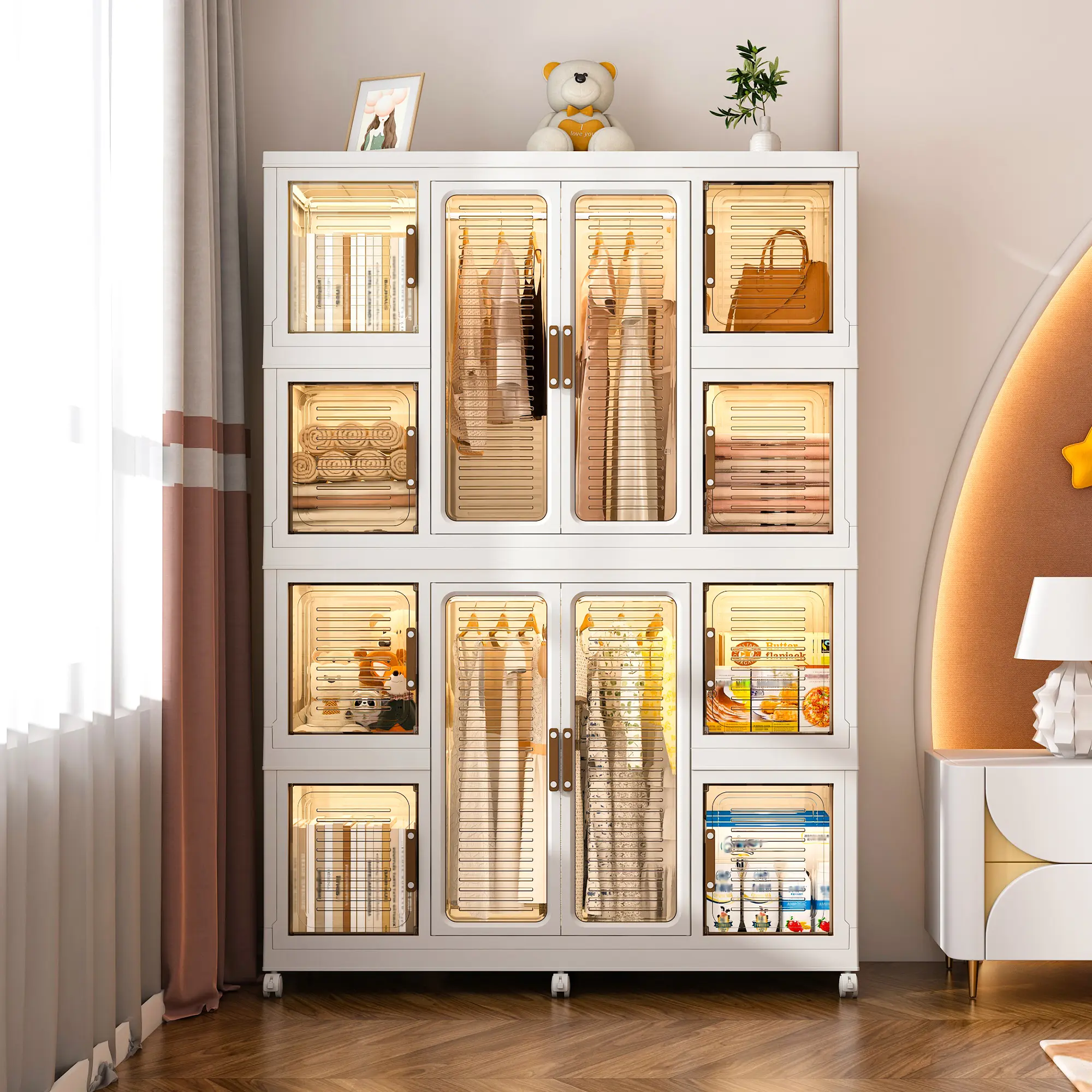 Portable Magnetic Plastic Wardrobe - 12-Cube Compartmented Foldable Durable Storage Unit, 12 Magnetic Doors, 2 Hanging Rods, 16 Hangers, Waterproof Materials, Quick Assembly, Large Capacity for Small Spaces, Travelers