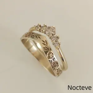 Women’s Minimal V Wreath Two-Piece Simulated CZ Base Alloy Ring Set, Dual Stack Bridal Jewelry Proposal Event & Gentle Romantic Feminine Bride Holiday Gift Wear