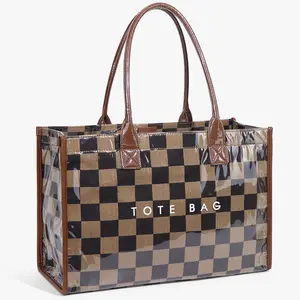 2026 Best-Selling Black Brown Checkered PVC Tote Bag for Women, Large Capacity Double Handle Shoulder Handbag for Work, Travel & Daily Use