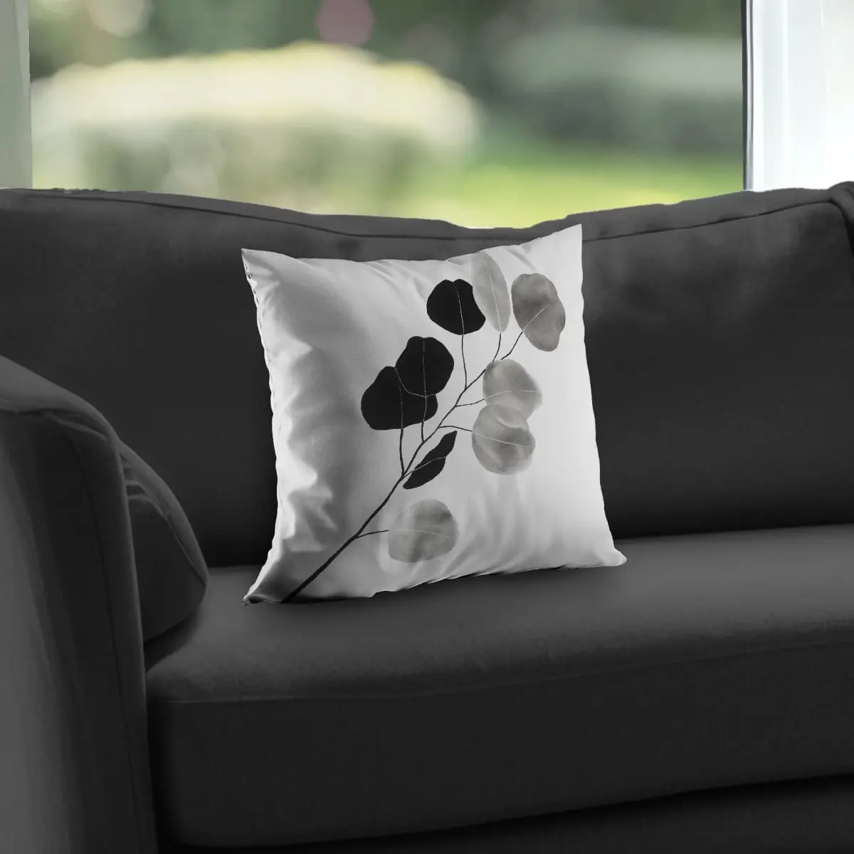 360 Stand Grayscale Branch Round Leaves Poly Twill Weave Throw Pillow - 14x14 in Standard Size, Soft Cushion, Nature-Inspired Minimalist Bedroom Living Room Home Decor Accessory (Textiles & Soft Furnishings), Natural, Branch Leaves
