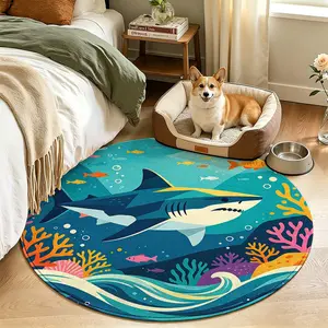 Simple Ocean Shark Print Mat, Clear Pattern Round Woolen Rug, Dense Pile Anti-Shed, Enhance Home Decor for Living Room Bedroom Pet Decoration