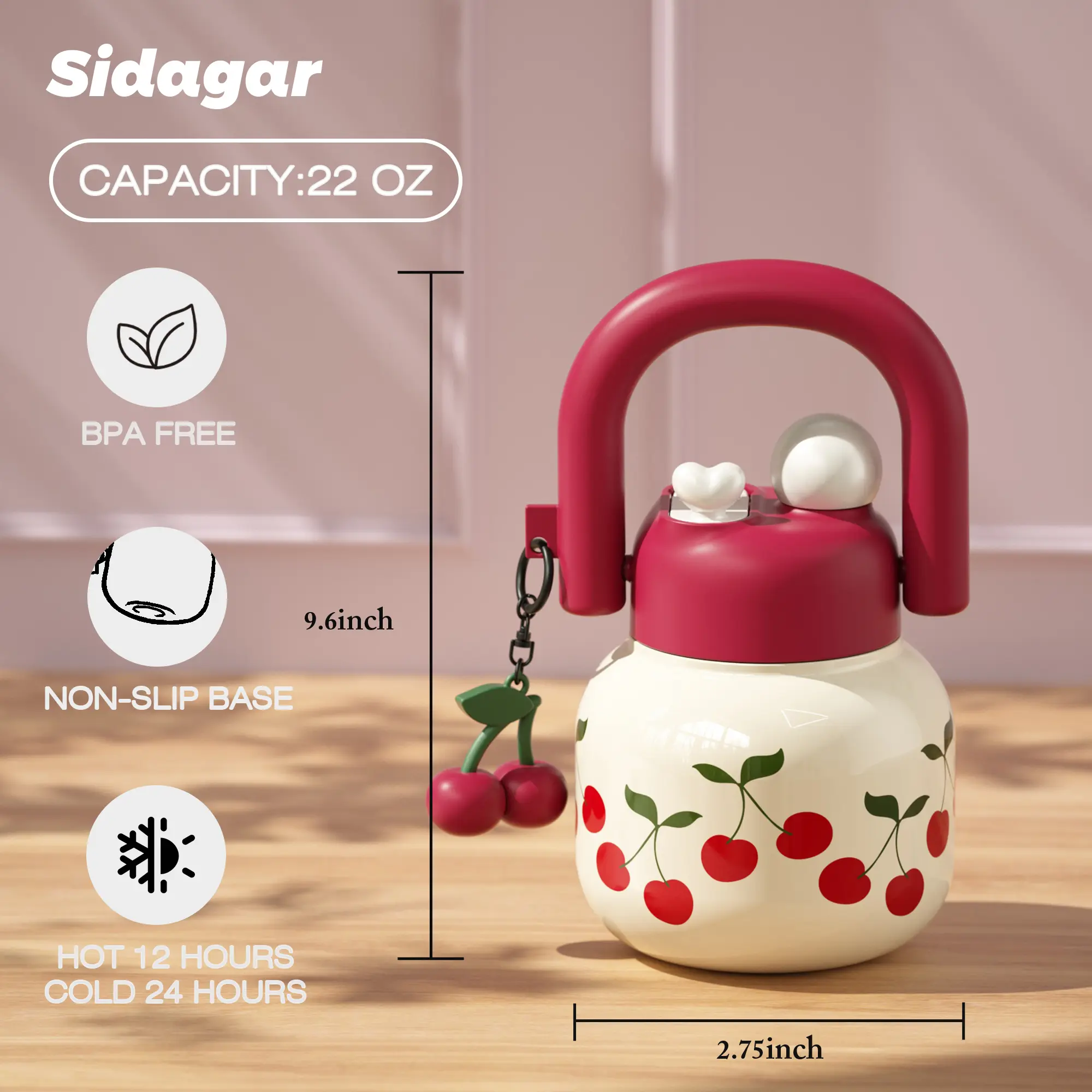 [Sidagar]22 oz Tote Insulated Water Bottle with Handle, Leakproof, Bow | Cute design with durable 316L stainless steel, dual sip, keeps drinks hot or cold longer, travel and everyday hydration