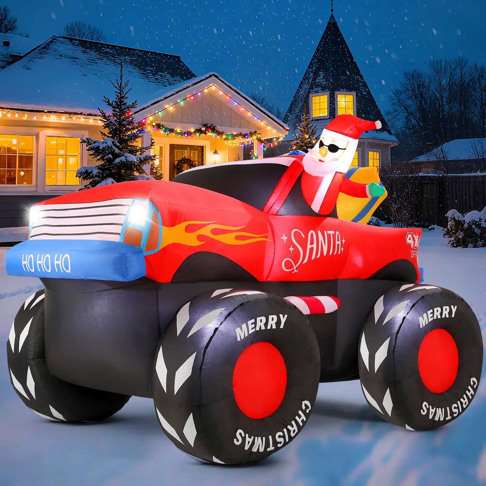 Oneamg 7 FT Long Christmas Inflatables Santa Claus Outdoor Decorations Blow Up Yard Snowman with Presents on Truck with Built-in LEDs for Garden Lawn Indoor Party Décor