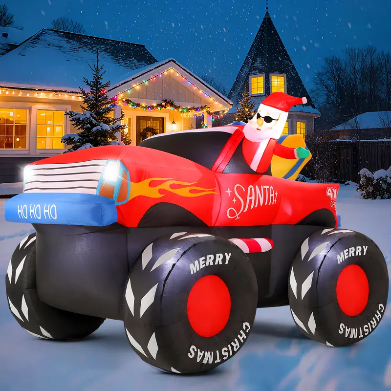 Oneamg 7ft Christmas Inflatable Santa Truck Decoration - Christmas Home Decor with Santa, Snowman, Presents, 210T Durable Fabric, Night-Glow LEDs, 1-Min Fast Setup, Zip-Fast Deflate, Stakes, Water-Resistant for Yard, Garden Outdoor Decor (with Fan)