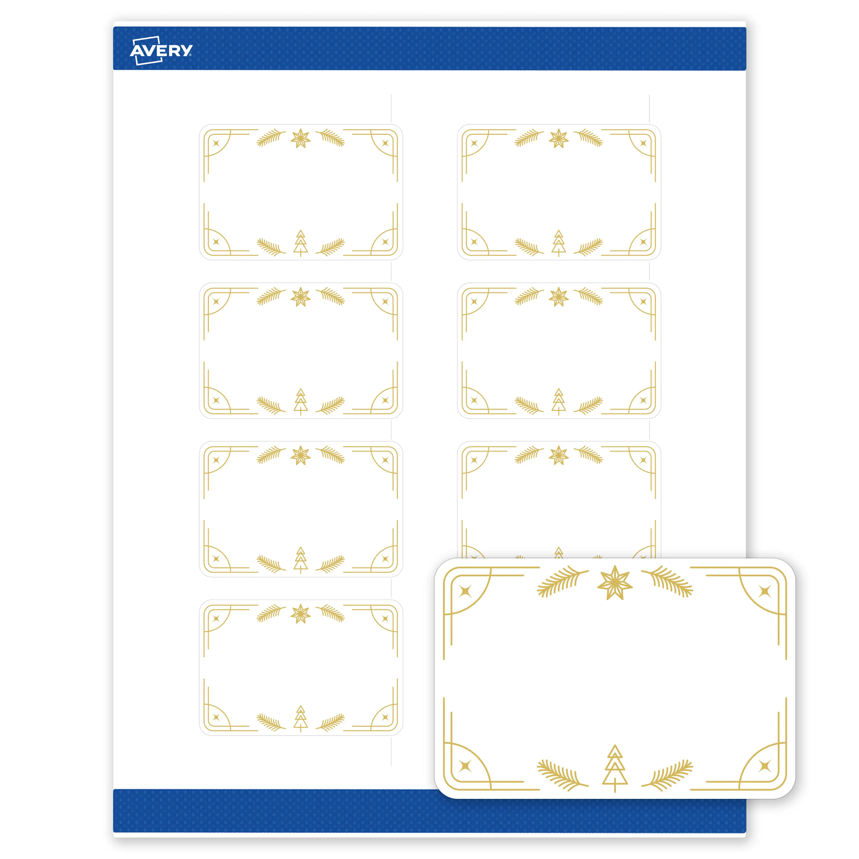 Avery® Printable Christmas Labels with Sure Feed® Technology, Rectangle, 2" x 3", Pre-Printed Metallic Gold Christmas Trees Design, Matte White, Laser & Inkjet Compatible, 80 Total