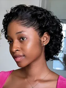 Women's Short Curly Wave Human Hair Wig , 13x1 Lace Front Human Hair, Lace Glueless Wig, Daily Casual Party Halloween Christmas Wig, Curly Bob Wigs, 150% Density