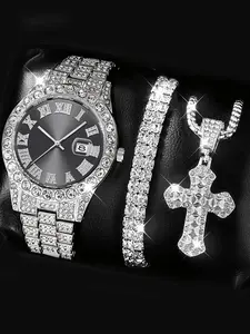 3-piece watch set, men's exquisite versatile watch, fashionable quartz watch, simple temperament watch set
