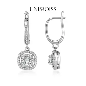 UniMoiss Moissanite Shimmering Square Halo Drop Earrings Silver-Plated Jewelry Wedding Engagement Anniversary Valentine's Day Birthday Daily Wear