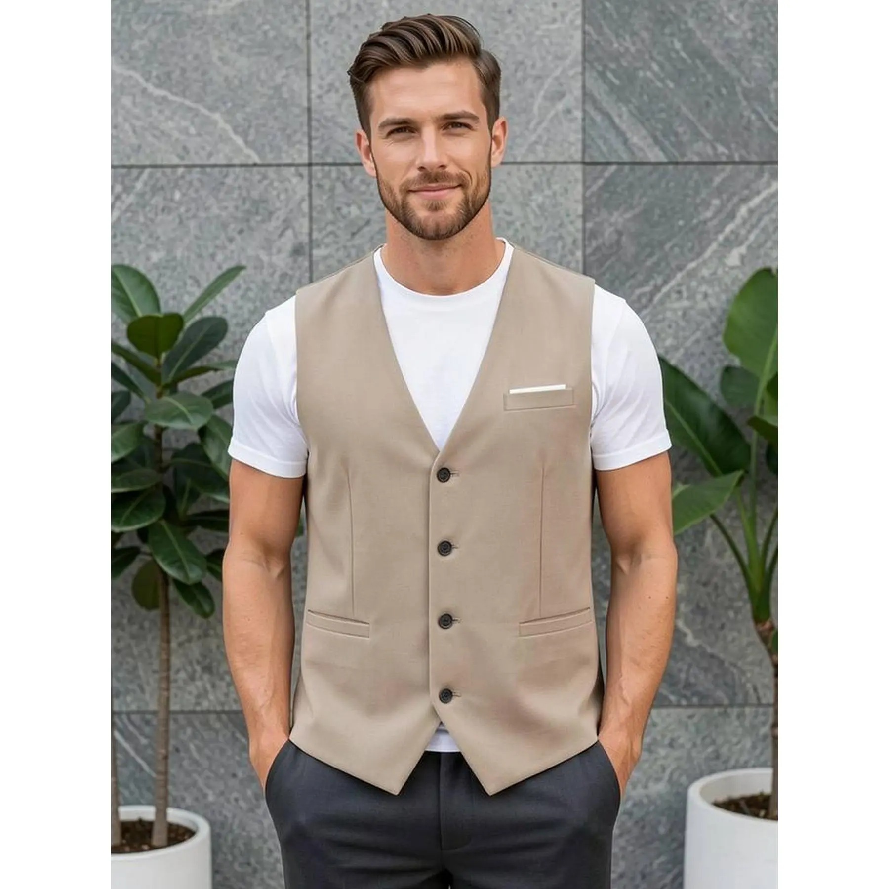 Men's Classic Plain Suit Waistcoat, Single-Breasted Sleeveless Vest, Elegant Man Style for Formal Evening Events, Evening Wear, Button, Workwear