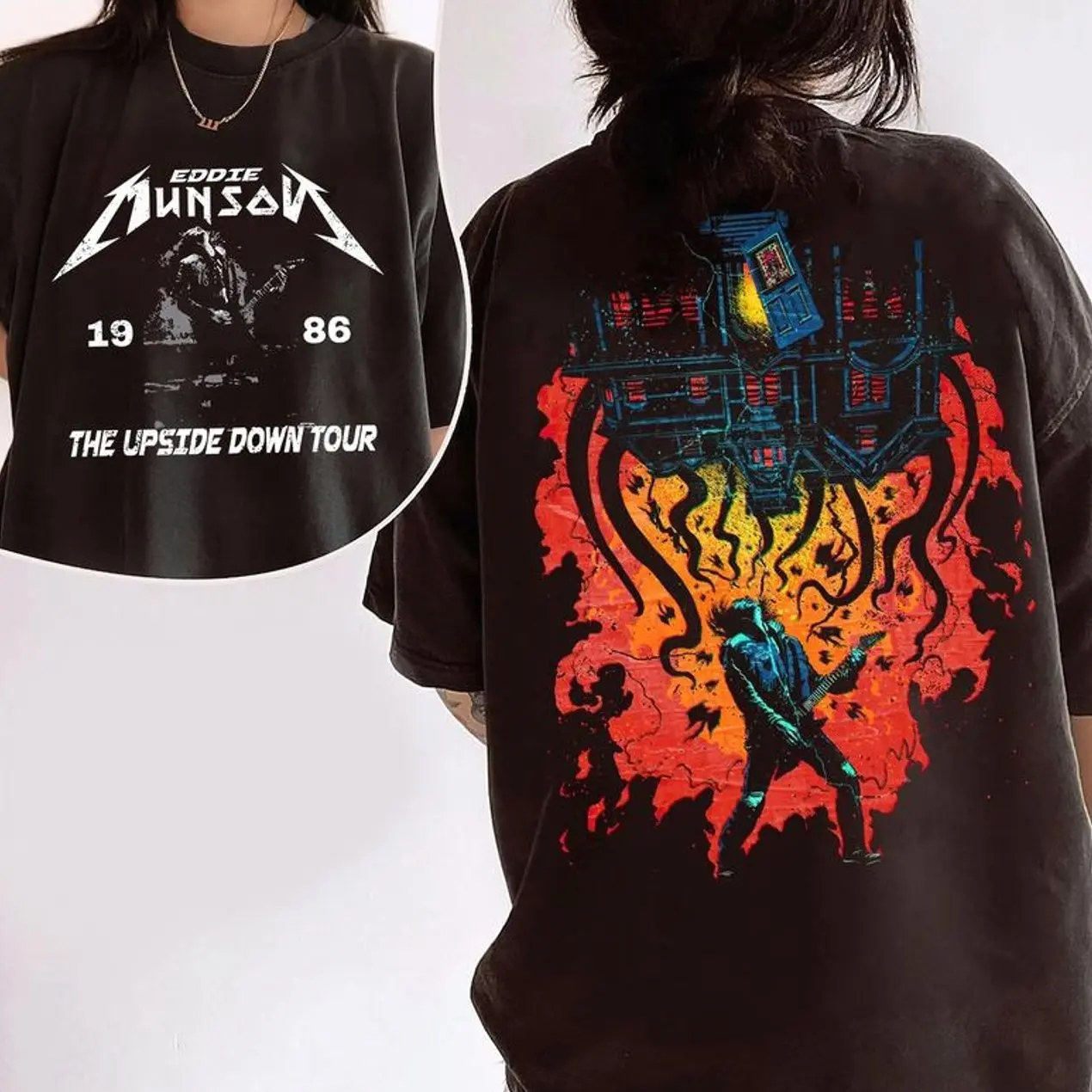 Retro Eddie Munson 2 sides T-Shirts, Crewneck Sweatshirts & Pullover Hoodie, Eddie Upside Down Graphic Sweatshirt, Hoodie, Vintage Unisex TShirt, Gift Idea for Movie Fan DW2R