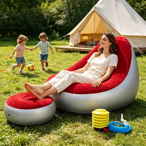 Adult Inflatable Recliner Sofa with Footstool Set - Heavy-Duty, Portable, Foldable Air Cushion Chair, Plush Leisure Seating, Space-Saving for Indoor/Outdoor Use, Includes Portable Air Pump