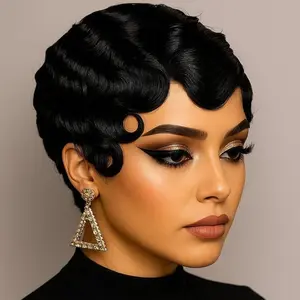 Finger Wave Wig 180 Density 100% Human Hair Natural Black for Women Classic Wave Design Versatile Hairstyle Machine Made Natural Wave Pattern Fluffy Wave Wig Wavy Wigs