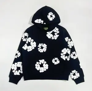 Denim Tears Hooded Tracksuit Set Unisex 2-Piece Athletic Wear Long Sleeve Hoodie with Puffy Print & Distressed Denim Sweatpants for Women's Clothing Womenswear Casual Loose Top Fit