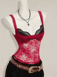 Tina Women's Red Lace Semi-Sheer Camisole, Paired With Black Lace Spaghetti Strap Top, 2 Pieces Set,Sexy Tops