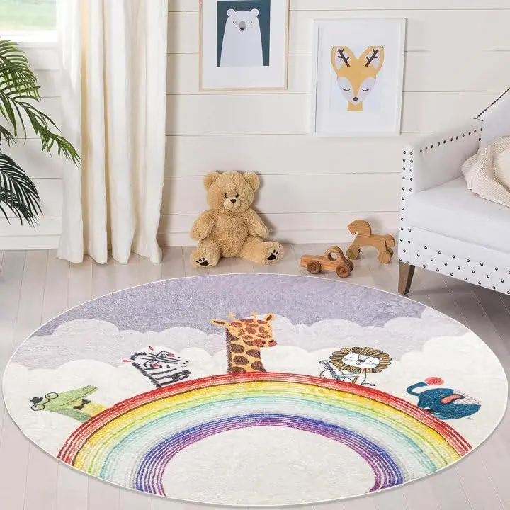 Lion ABC Rug 5Ft Large Circle Kids Carpet Pink Round Alphabet Play Mat for Gilrs Bedroom Classroom Safari Animal Rug for Boys Girls Kids Playroom Nursery Decor non-slip washable floor carpet